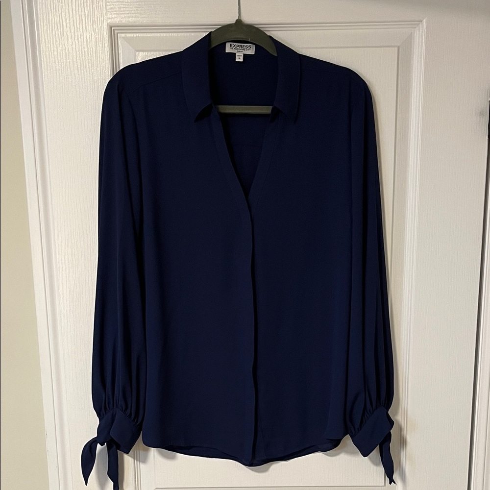 Express Portofino Deep Blue Blouse with Tie Sleeves